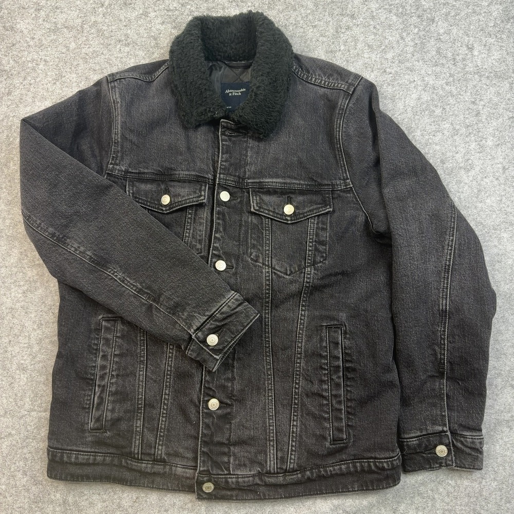 Abercrombie & Fitch Men's Trucker Jacket Black Large Denim Sherpa Collar Quilted